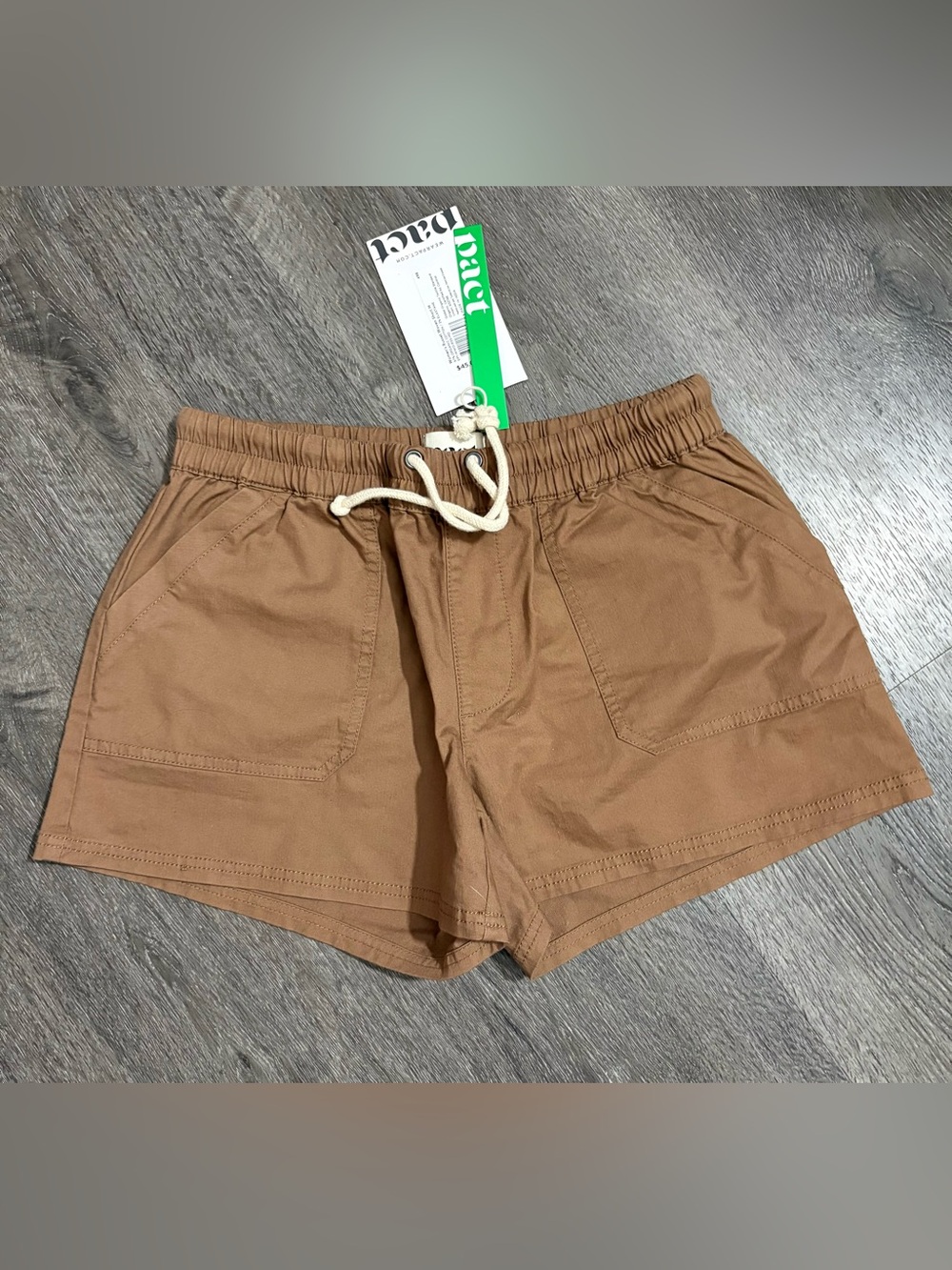 NWT Pact Twill Shorts Women Medium Brown Russet Woven Elastic Waist Pockets